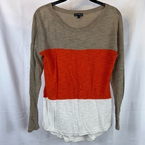 Express Sweater Tri Color Rolled Sleeve Colorblock Crewneck Pullover Long Sleeve - Picture 5 of 9